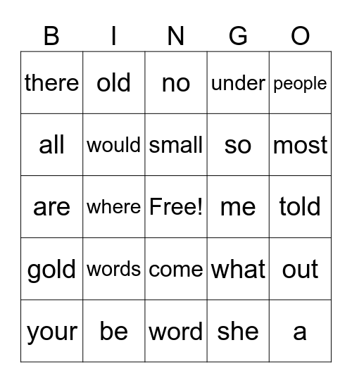 sight words Bingo Card