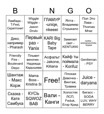 музыкальное бинго Bingo Card