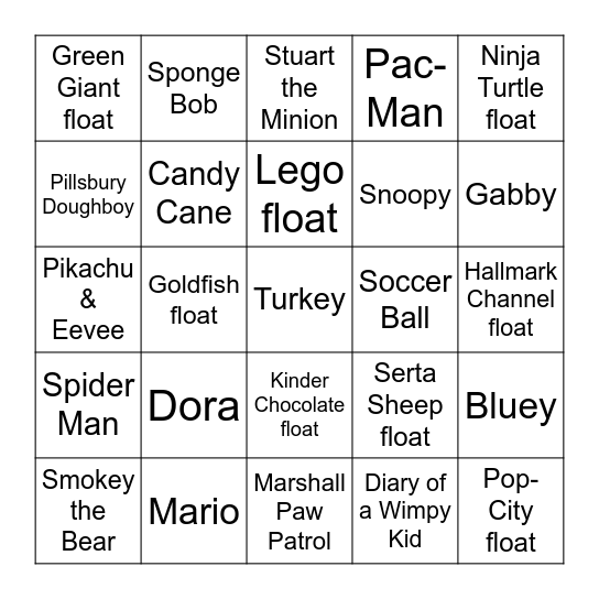 Macy's Thanksgiving Parade BINGO Card