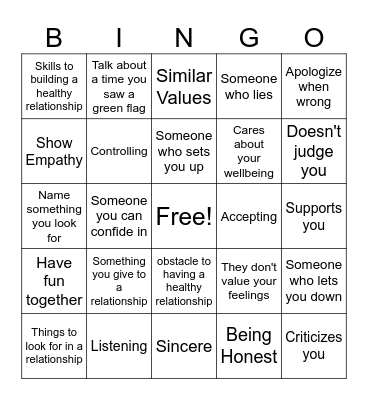 Relationship Bingo Card