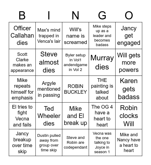 Stranger Things 5 Bingo Card