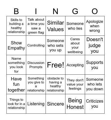 Relationship Bingo Card