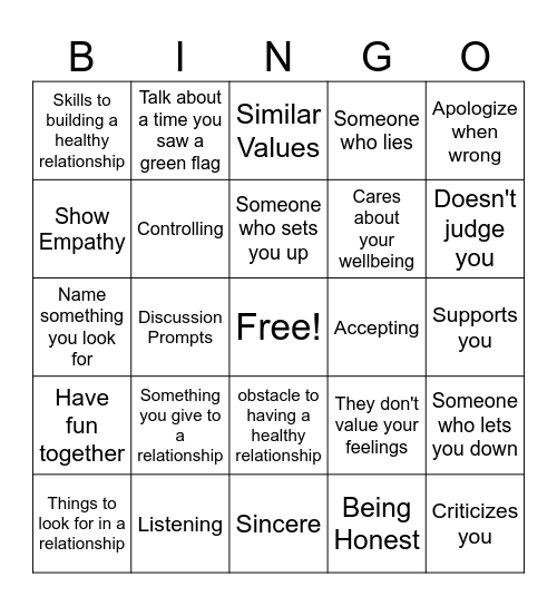 Relationship Bingo Card