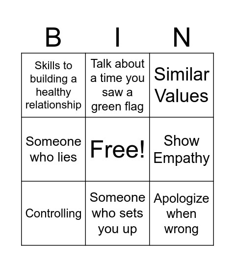 Relationship Bingo Card