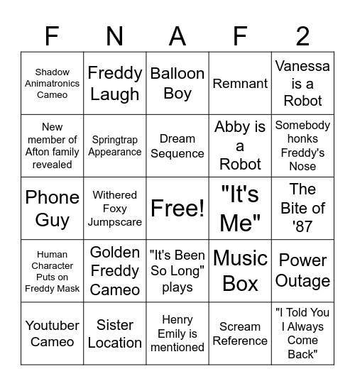 Five Nights at Freddy's 2 Bingo Card