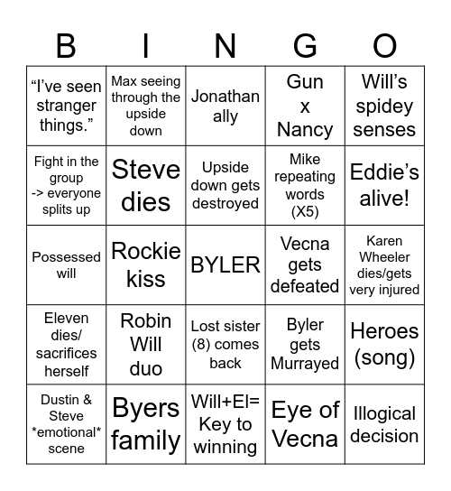 STRANGER THINGS 5 Bingo Card