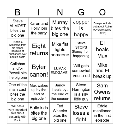 Stranger Things 5 Bingo Card