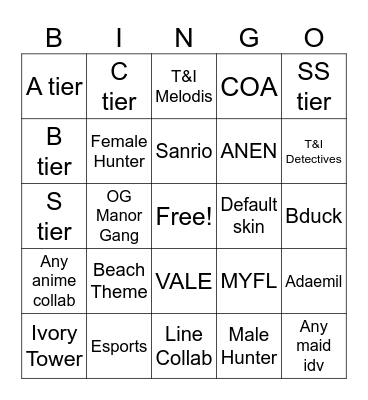 AFA IDV COSPLAY BINGO Card