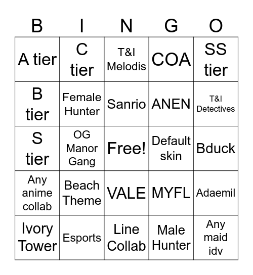 AFA IDV COSPLAY BINGO Card