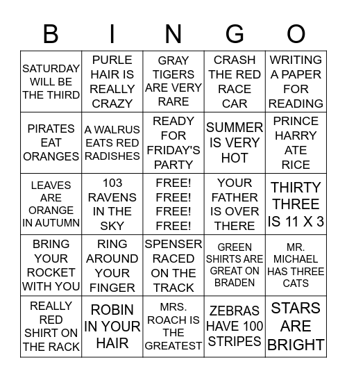 R WORDS IN PHRASES Bingo Card