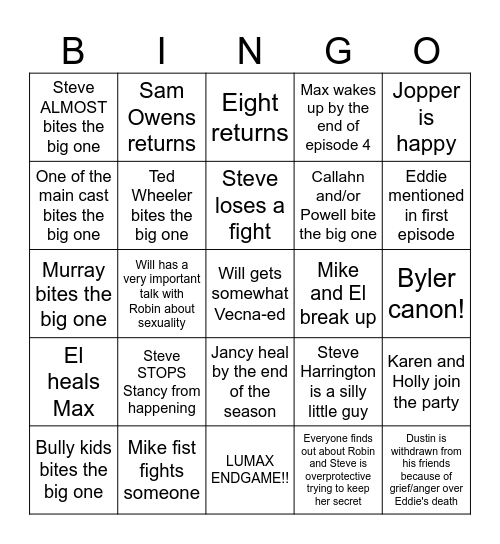 Stranger Things 5 Bingo Card