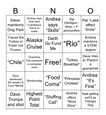 Dave & Andrea Thanksgiving Bingo Card