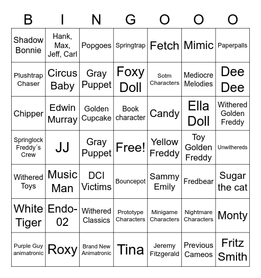 FNAF ANIMATRONIC BINGO Card