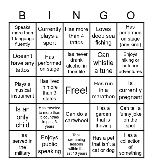 Getting to Know You!! Bingo Card