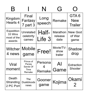 Game Awards 2025 Bingo Card