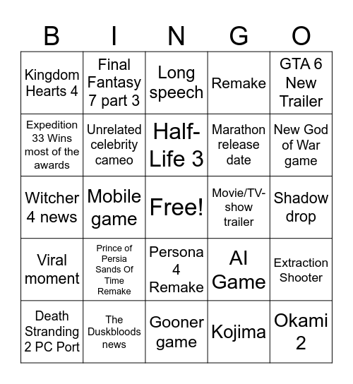 Game Awards 2025 Bingo Card