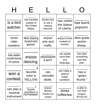 HELLO! Icebreaker Bingo Card