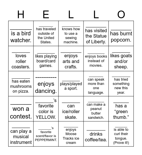 HELLO! Icebreaker Bingo Card