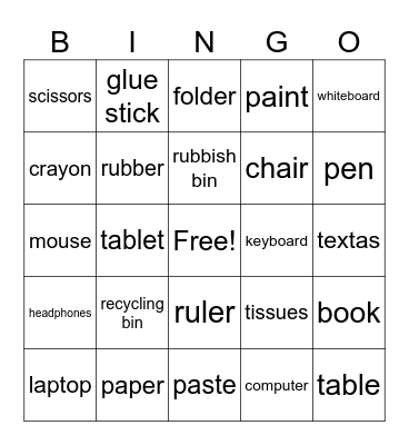 Things in classroom Bingo Card