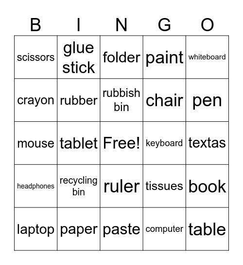 Things in classroom Bingo Card