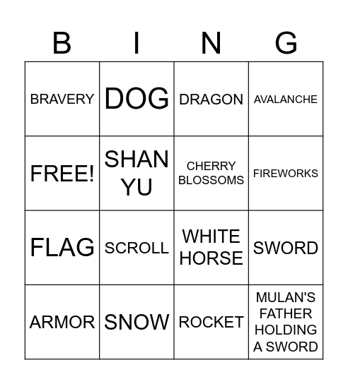 MULAN BINGO Card