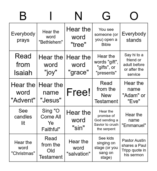 Christmas Eve Bingo Card
