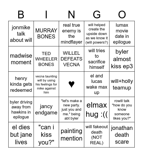 STRANGER THINGS 5 Bingo Card