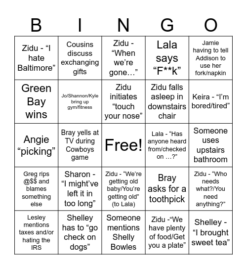 2025 Family Thanksgiving Bingo Card