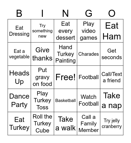 Family Thanksgiving BINGO Card