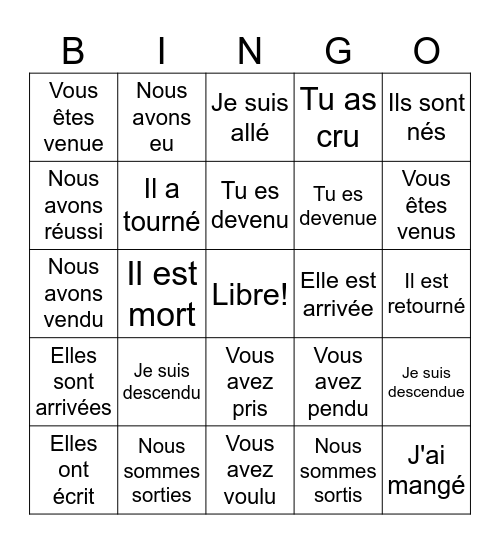 Le passé composé Bingo Card