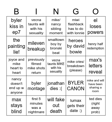 stranger things 5 Bingo Card