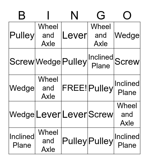 Simple Machines Bingo Card