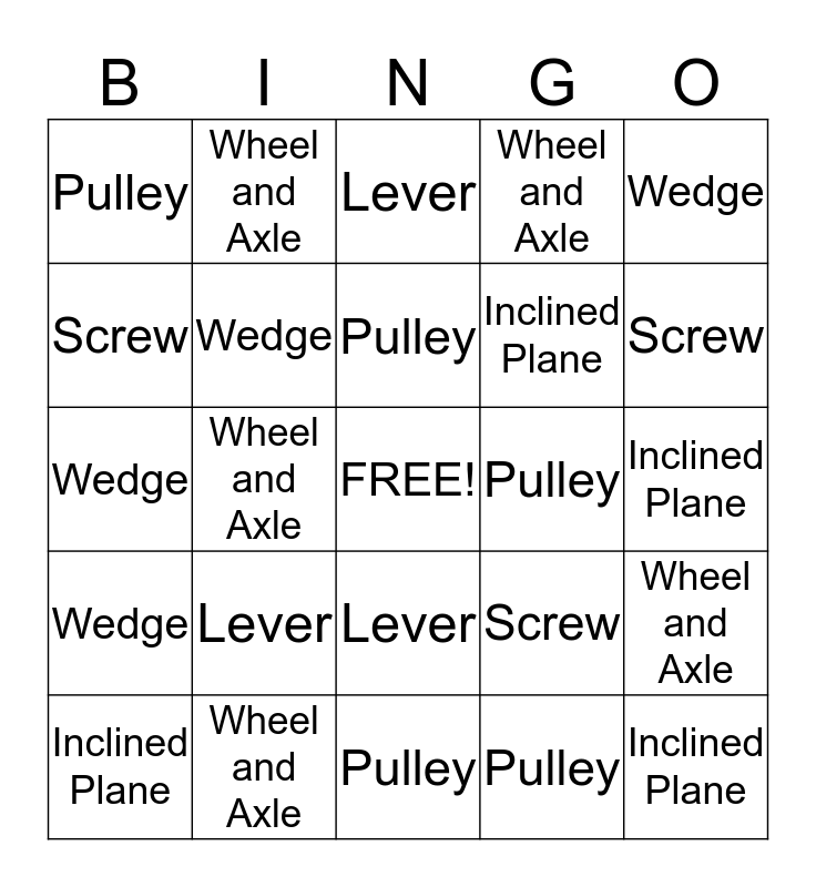 Simple Machines Bingo Card