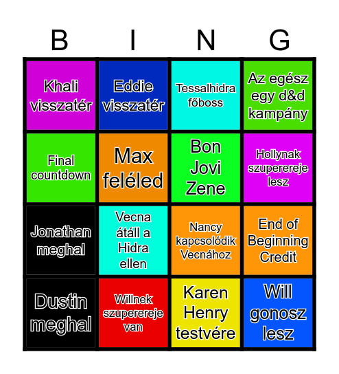 Stranger Things Bingo Card