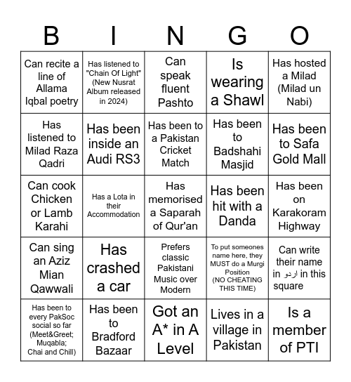 PakSoc Dawat (Can't put same name twice) Bingo Card