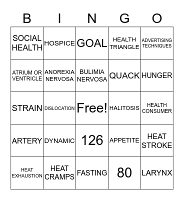 HEALTH SEMESTER TEST Bingo Card