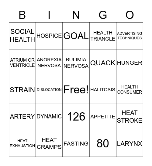 HEALTH SEMESTER TEST Bingo Card