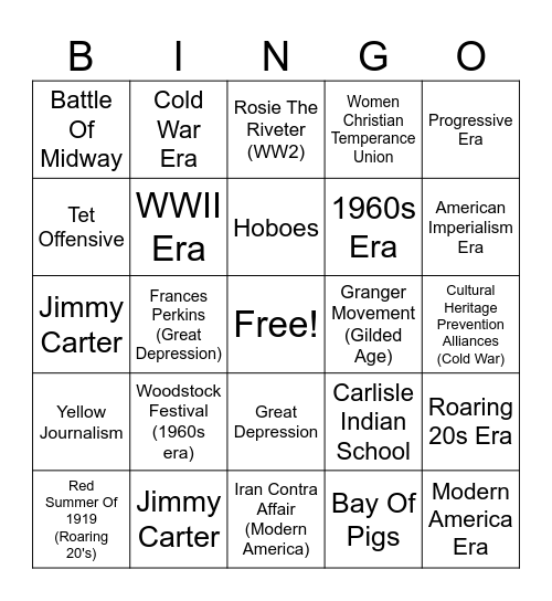 U.S. History Eras Bingo Card