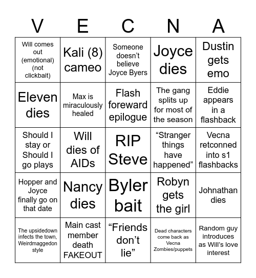 Stranger Things Bingo Card