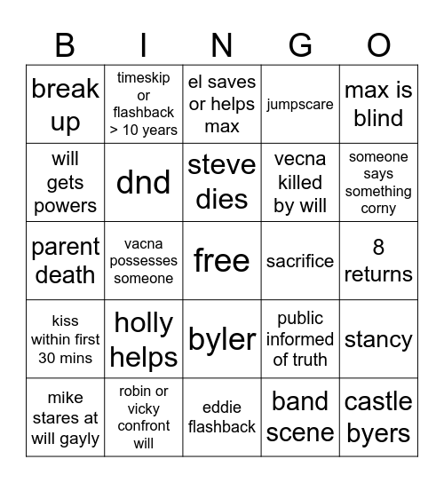 STRANGER THINGS 5 Bingo Card