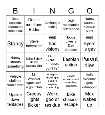 Stranger Things Bingo Card
