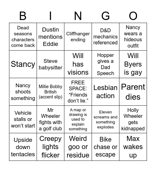 Stranger Things Bingo Card