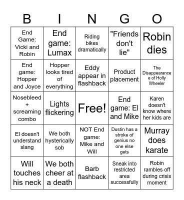 Stranger Things Season Five Bingo Card