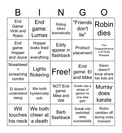 Stranger Things Season Five Bingo Card