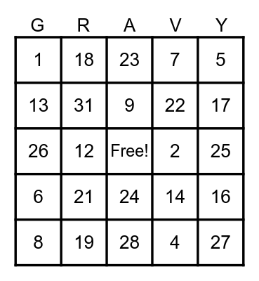 Thanksgiving Bingo Card