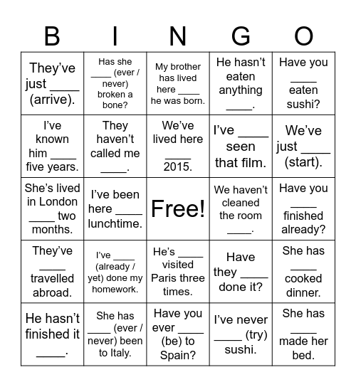 Present Perfect Bingo Card