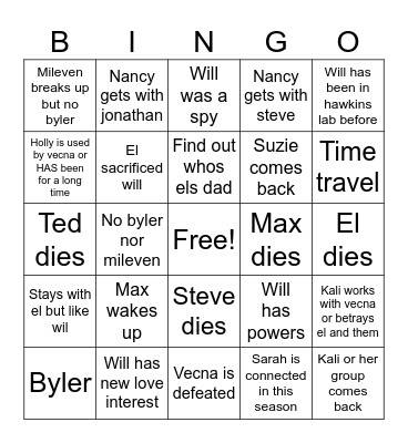 Stranger things Bingo Card