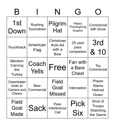 Thanksgiving Football Bingo Card