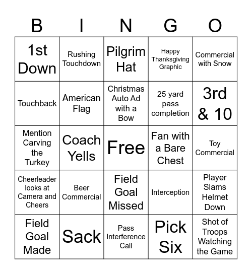 Thanksgiving Football Bingo Card