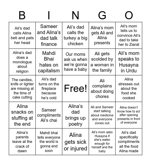 Hussain Thanksgiving Bingo Card